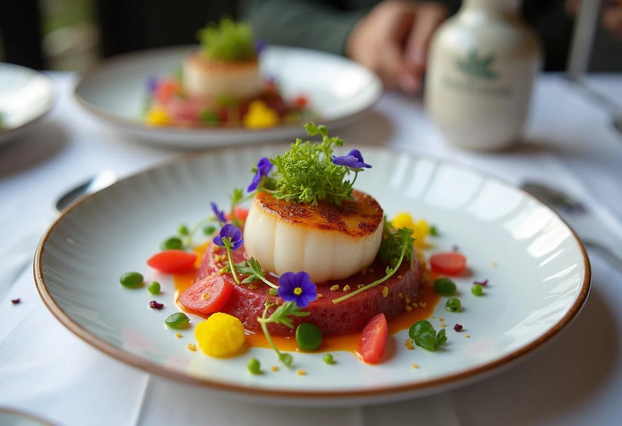 Garniture du tartare de saint-jacques avec des fleurs comestibles et des micro-pousses.