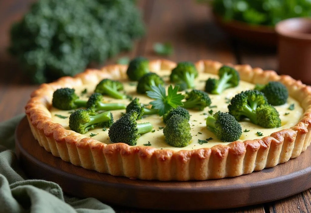 Tarte brocolis chèvre sortie du four, présentation parfaite sur une table en bois, prête à déguster.