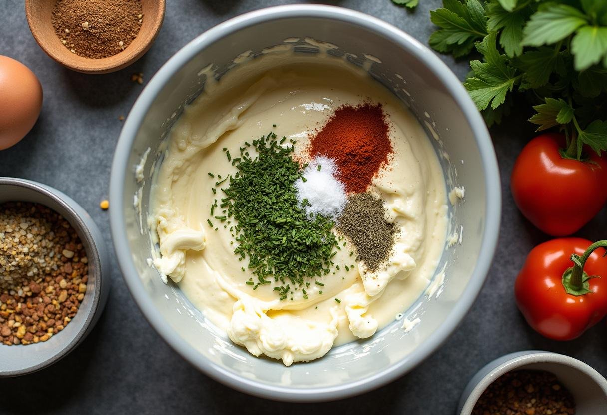 Mélange savoureux de fromage de chèvre avec des assaisonnements pour la tarte aux brocolis et au chèvre, une étape clé de la préparation.
