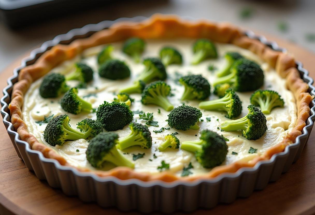 Tarte aux brocolis et au chèvre prête à cuire, mélange de légumes et de fromage dans une croûte délicate.