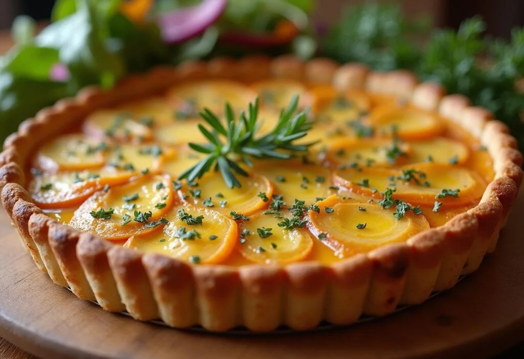 Tarte fine aux épinards et ricotta, montrant le produit final doré et croustillant, avec des herbes fraîches et une salade à côté.