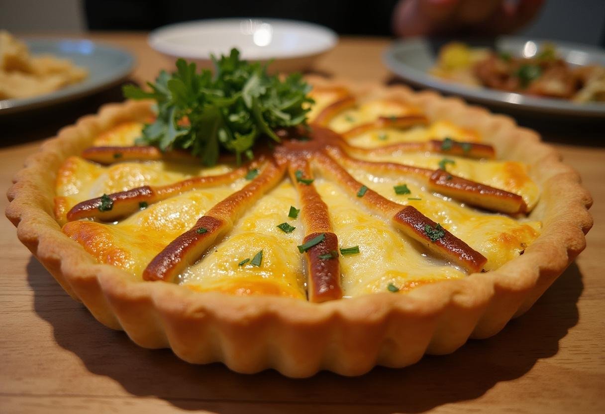 Tarte fine aux épinards et ricotta, montrant le produit final doré et croustillant, avec des herbes fraîches et une salade à côté.