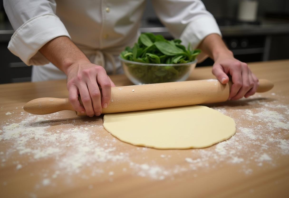 Préparation de la pâte pour la tarte aux épinards et ricotta, représentant un chef roulant la pâte sur un plan de travail en bois.