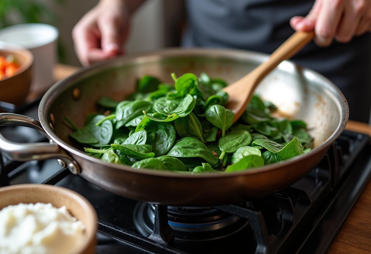 Sauter des épinards pour la tarte aux épinards et ricotta, montrant des feuilles d'épinards vibrantes dans une poêle.