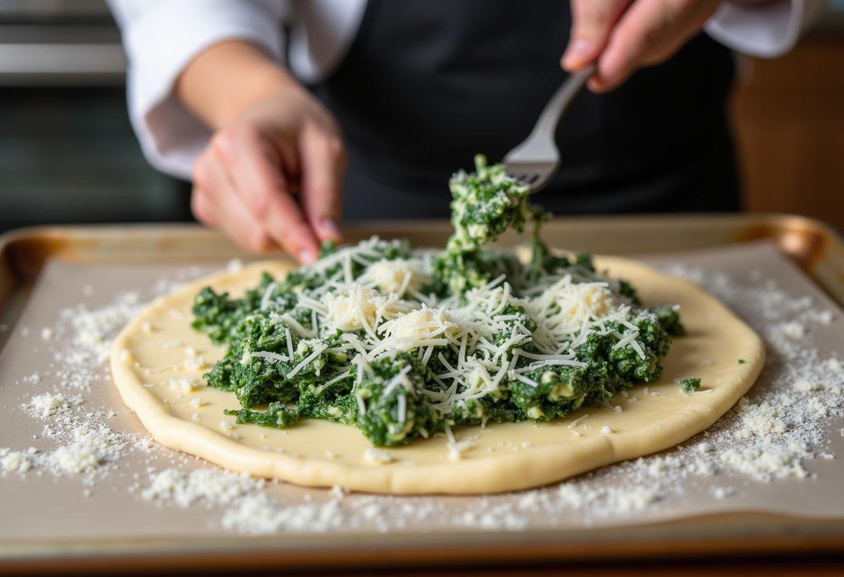 Étaler le mélange d'épinards et de ricotta sur la pâte pour la tarte aux épinards et ricotta, montrant l'assemblage de la tarte avant cuisson.