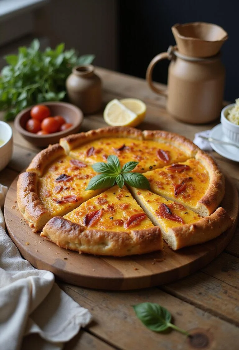 Finished Tarte Flambée Alsacienne, golden and garnished, perfect for sharing.
