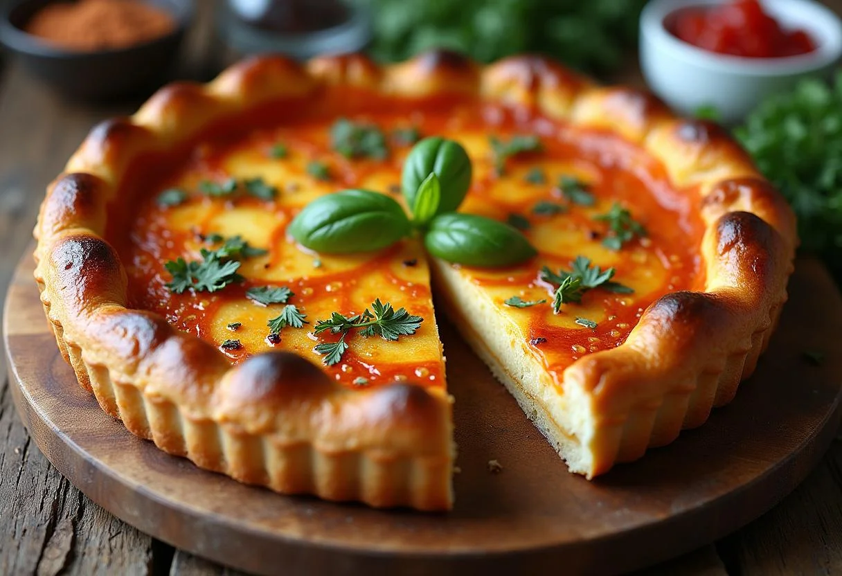 Tarte Flambée Alsacienne finie, dorée et garnie, parfaite pour le partage.