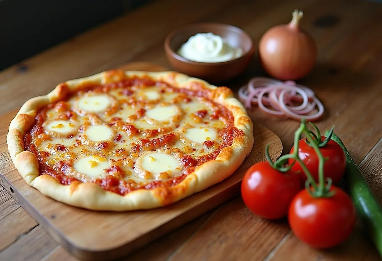 Pâte étalée pour la Tarte Flambée avec les ingrédients prêts pour la préparation.