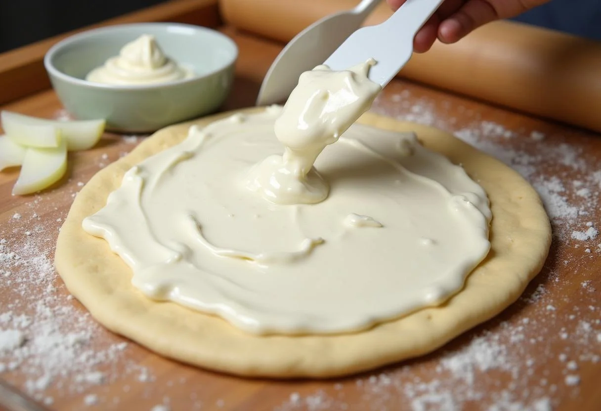 Crème fraîche étalée sur la pâte pour la Tarte Flambée Alsacienne traditionnelle.