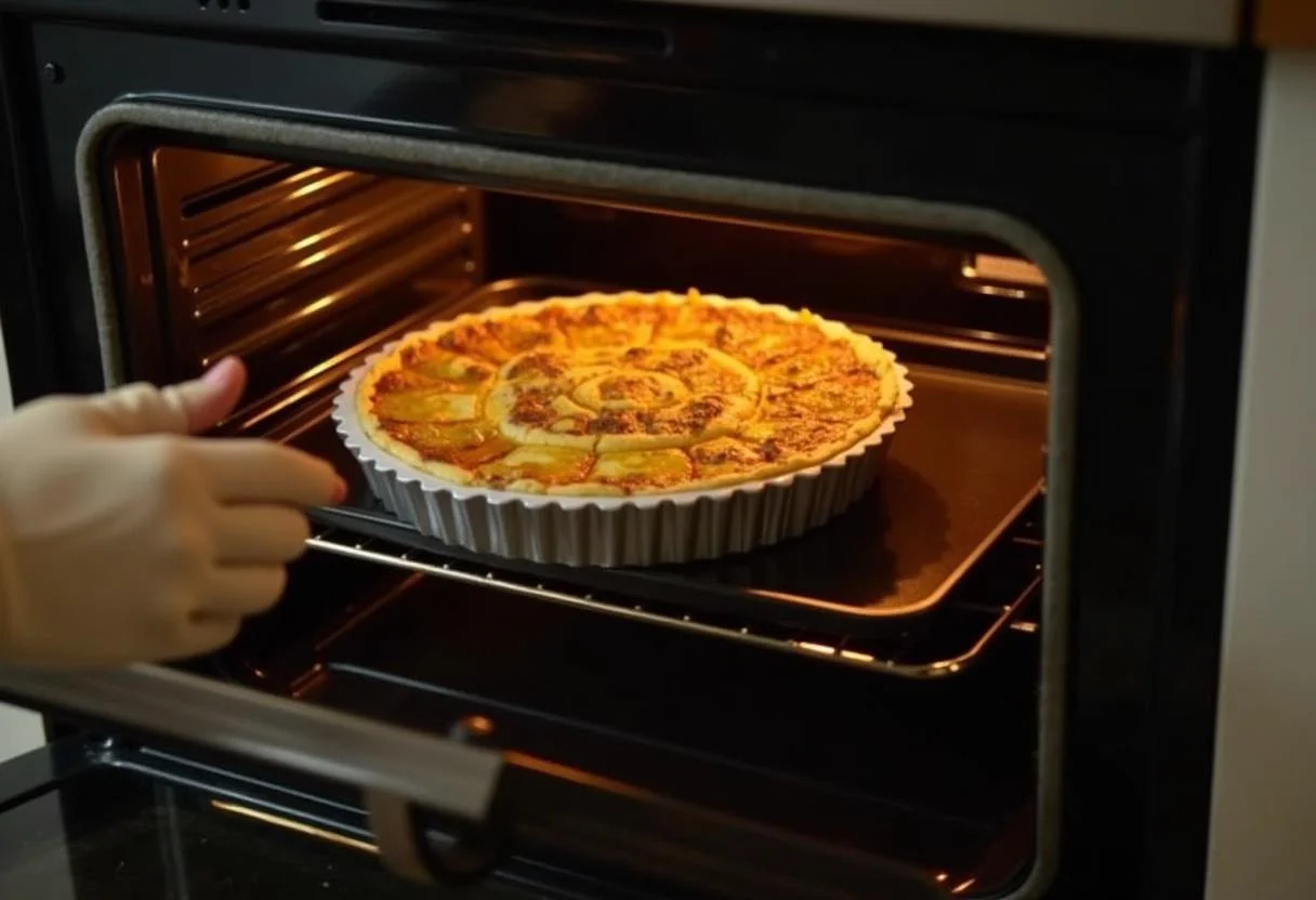 Tarte Flambée placée au four pour cuire jusqu'à ce qu'elle soit dorée et croustillante.