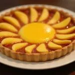Tarte soleil apéritive jambon fromage dorée, prête à être dégustée sur un plateau de présentation.