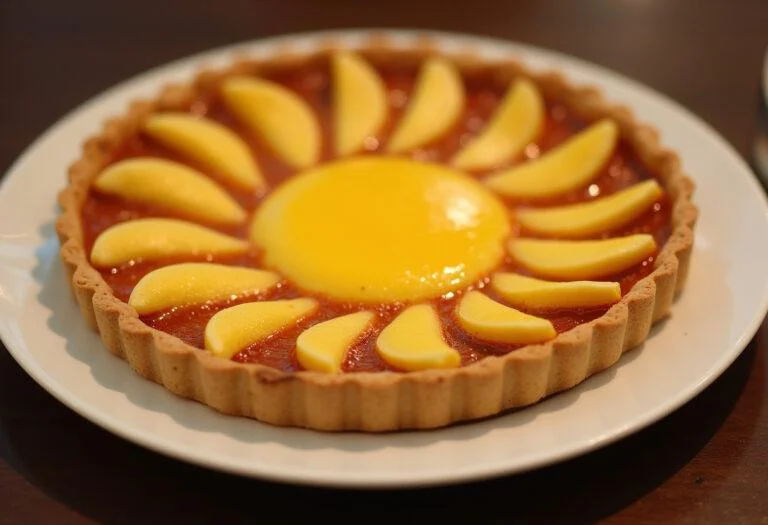 Tarte soleil apéritive jambon fromage dorée, prête à être dégustée sur un plateau de présentation.