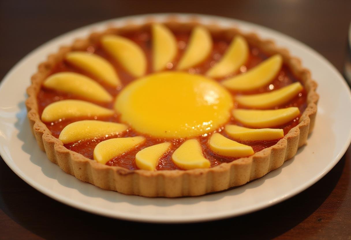 Tarte soleil apéritive jambon fromage dorée, prête à être dégustée sur un plateau de présentation.