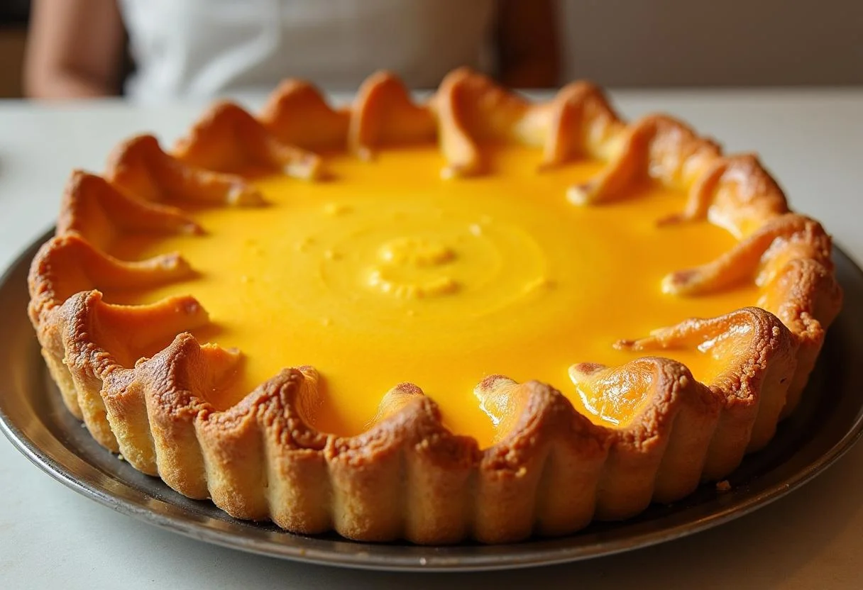 Tarte soleil apéritive jambon fromage dorée, prête à être dégustée sur un plateau de présentation.