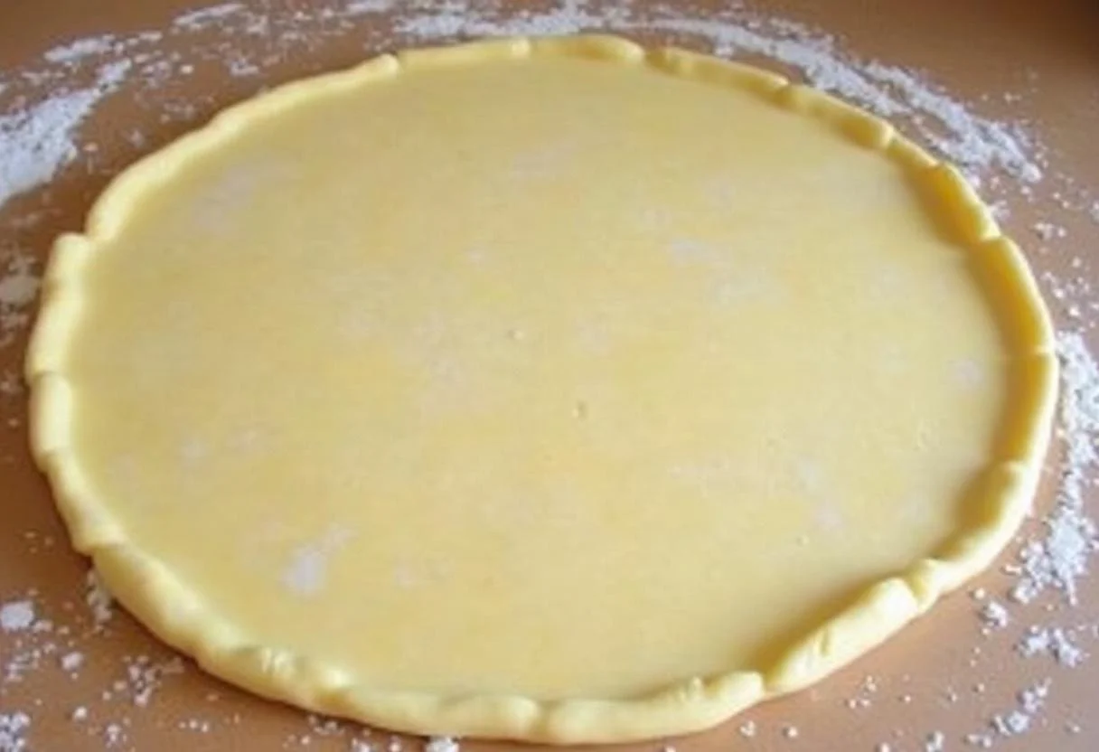 Préparation de la pâte pour la tarte soleil jambon fromage sur une surface farinée.