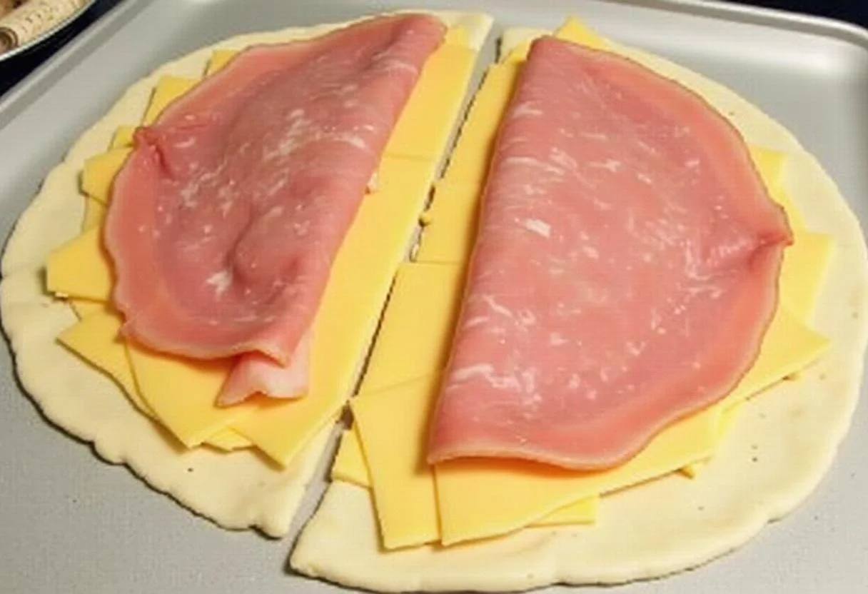 Ajout de tranches de jambon et de fromage sur la pâte de la tarte du soleil jambon fromage.