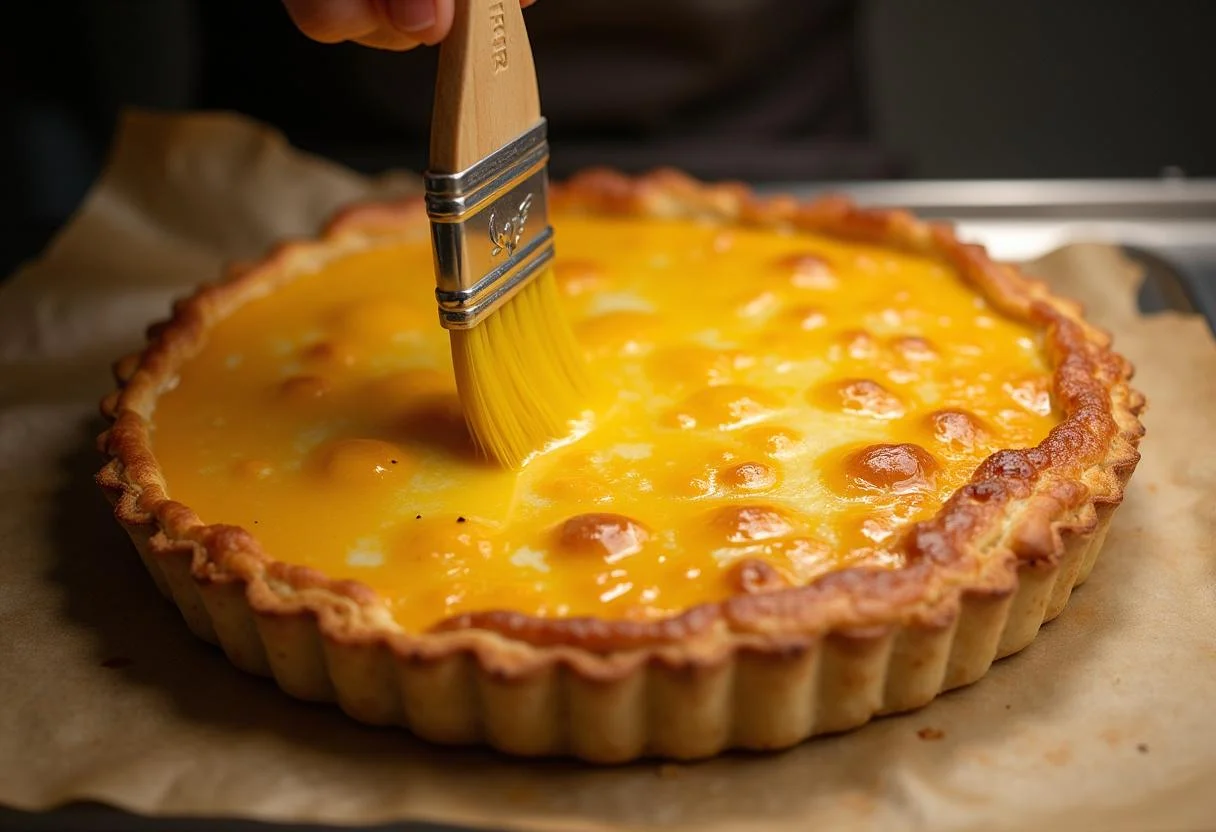 Application d'un mélange d'œufs sur la tarte du soleil jambon fromage avant de la mettre au four.