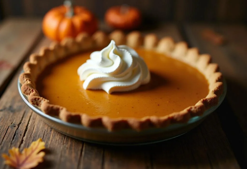 Tarte à la citrouille dorée et garnie de crème fouettée sur une table en bois rustique, prête à être servie.