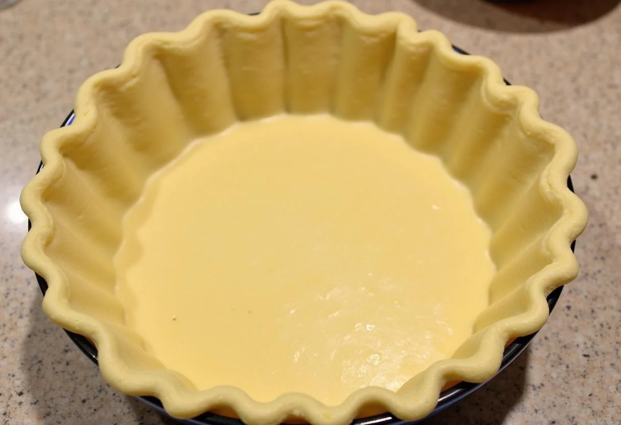 Préparation de la croûte pour la tarte à la citrouille avec une pâte étalée et placée dans un moule à tarte.