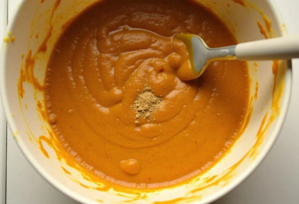 Mélange d'ingrédients pour la tarte à la citrouille, y compris de la purée de citrouille et des épices dans un grand bol.
