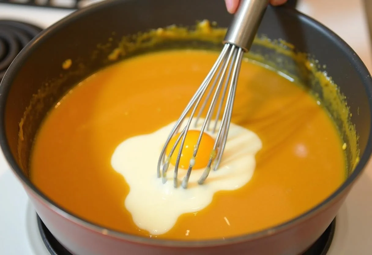 Incorporation d'œufs et de crème épaisse dans le mélange de citrouille pour une consistance lisse dans la préparation de la tarte.