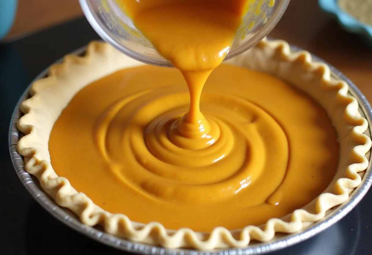Versement de la préparation de la tarte à la citrouille dans la croûte et mise au four pour la cuisson.
