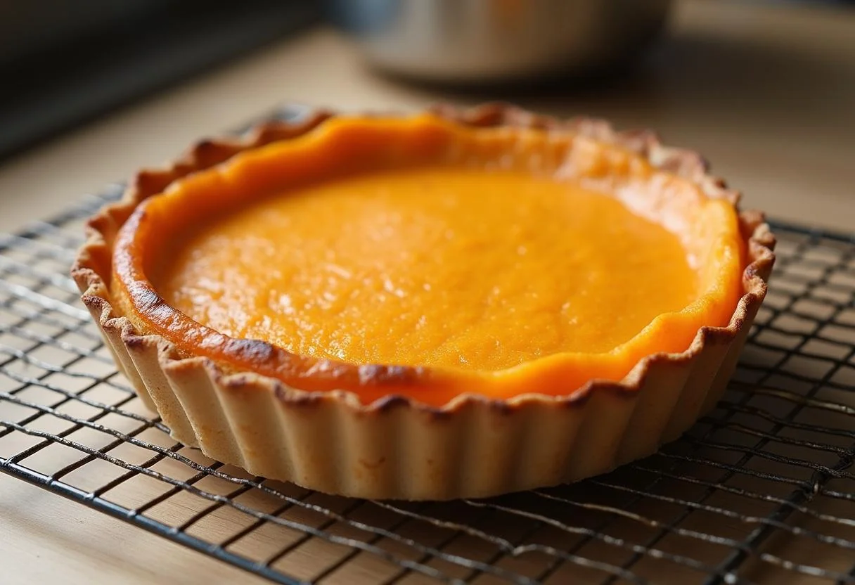 Tarte au patate douce dorée, refroidissant sur une grille, prête à être dégustée.
