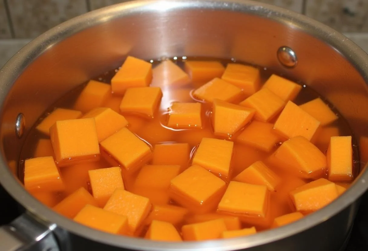 Chauffage de patates douces pelées et coupées dans une casserole, pour la préparation de la tarte au patate douce.
