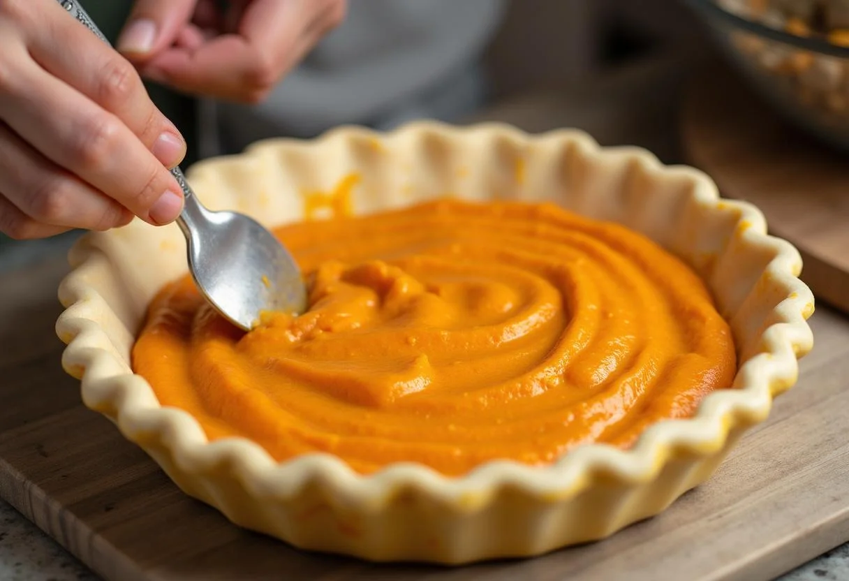 Versement du mélange de patates douces dans la croûte de tarte, illustrant la préparation de la tarte au patate douce.