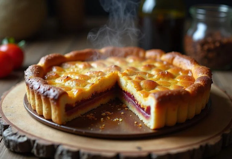 Tarte à la viande hachée parfaitement cuite, servie dans une assiette en bois, montrant une tranche avec une garniture savoureuse.