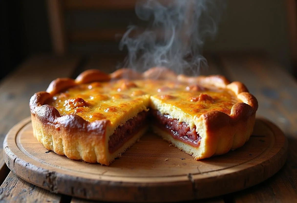 Tarte à la viande hachée parfaitement cuite, servie dans une assiette en bois, montrant une tranche avec une garniture savoureuse.