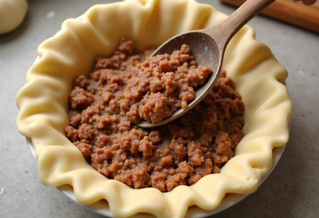 Garnissage de la croûte de tarte aux viande hachée avec un mélange de viande juteux et épicé dans un plat à tarte.