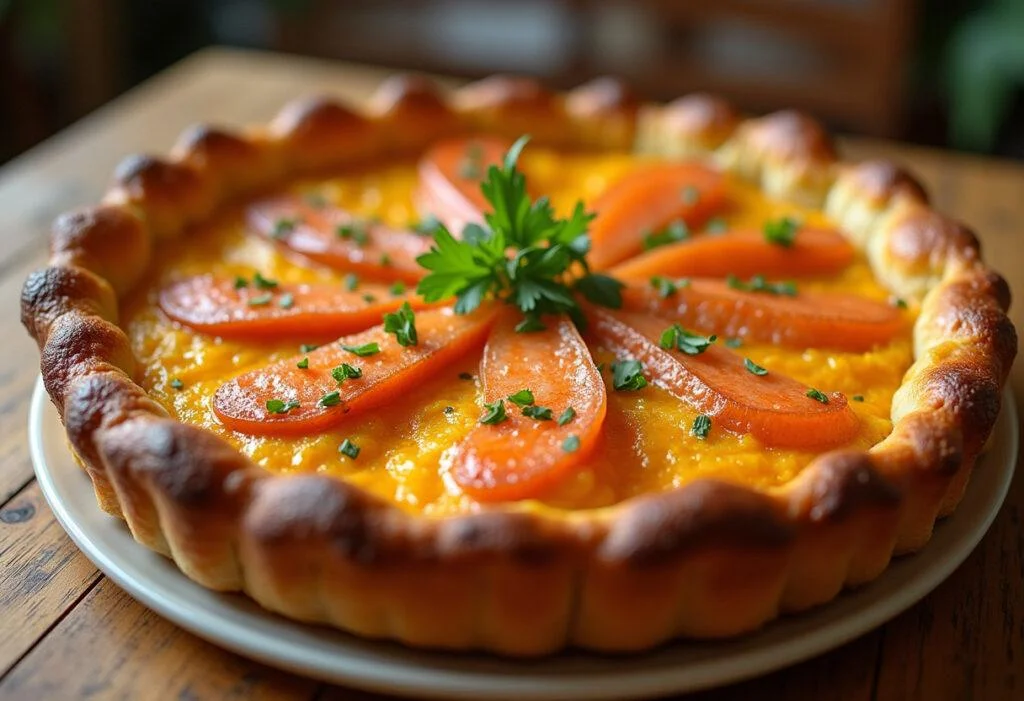 Tarte au saumon fumé et poireaux parfaitement cuite, affichée sur une table en bois, prête à être dégustée, avec des herbes fraîches comme garniture.