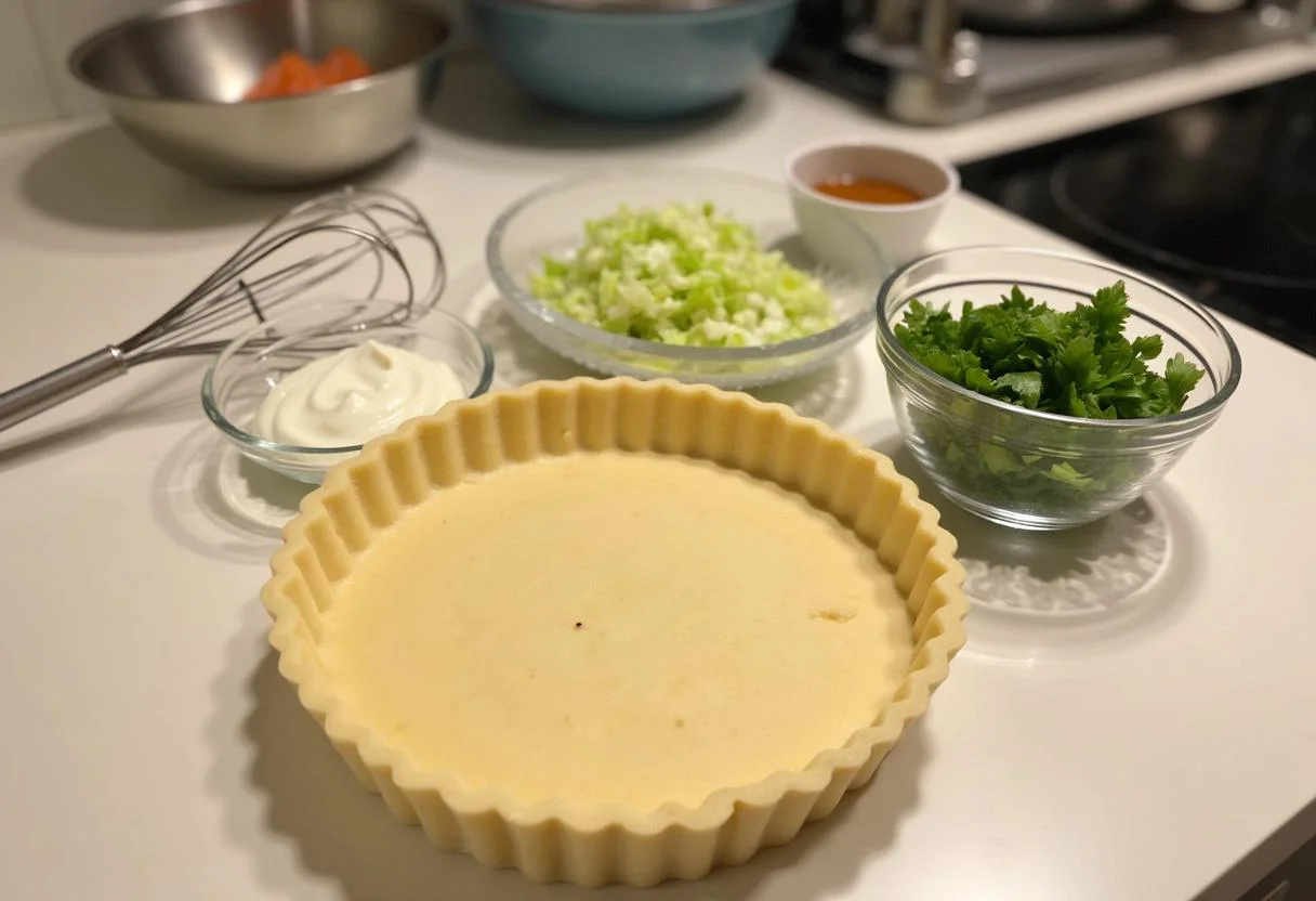 Préparation des ingrédients pour la tarte au saumon fumé, tarte aux poireaux, incluant la croûte, saumon fumé, poireaux et crème dans une cuisine bien éclairée.