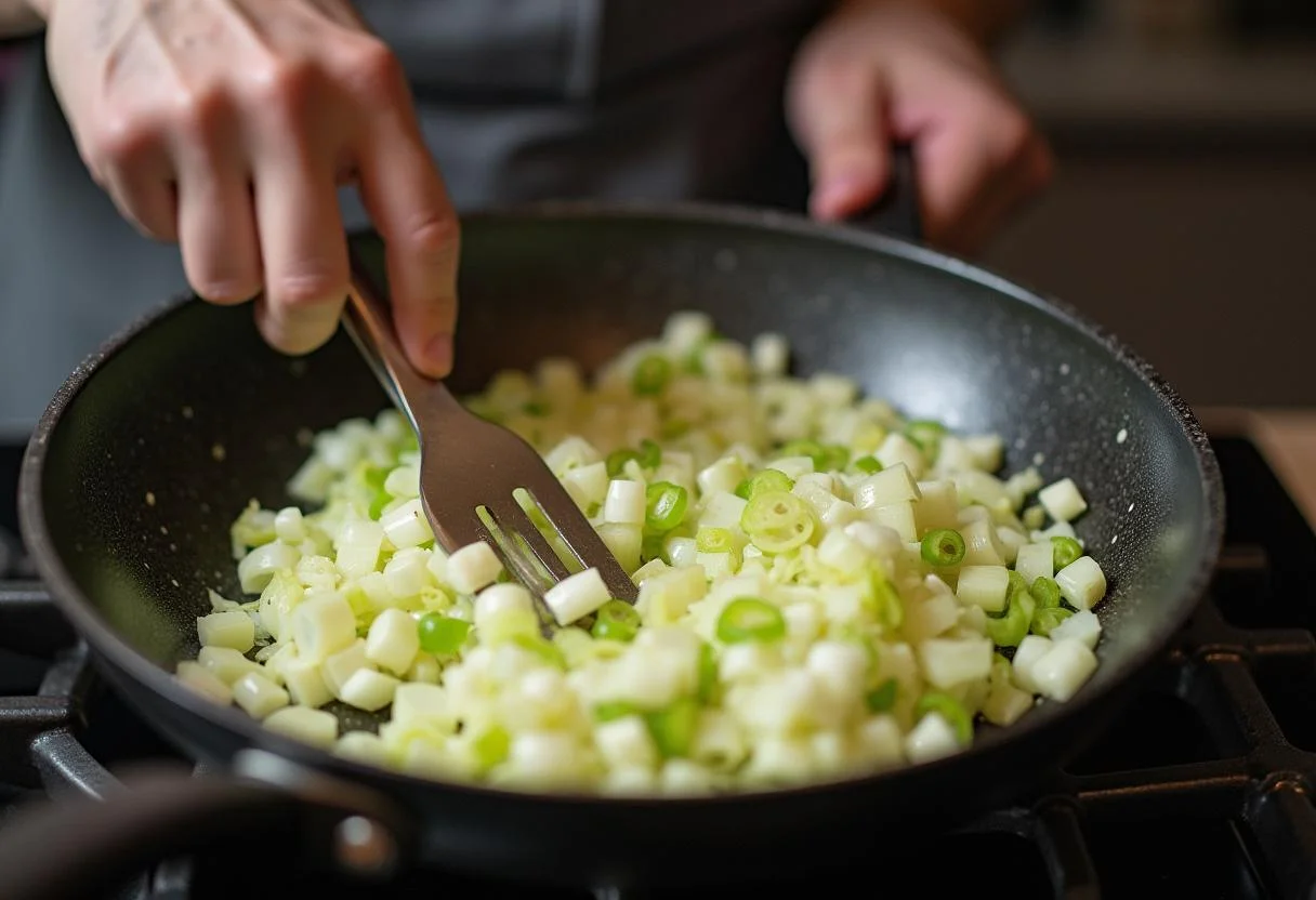 Sautéing des poireaux pour la tarte au saumon fumé, montrant le processus de cuisson des poireaux dans une poêle sur le feu.