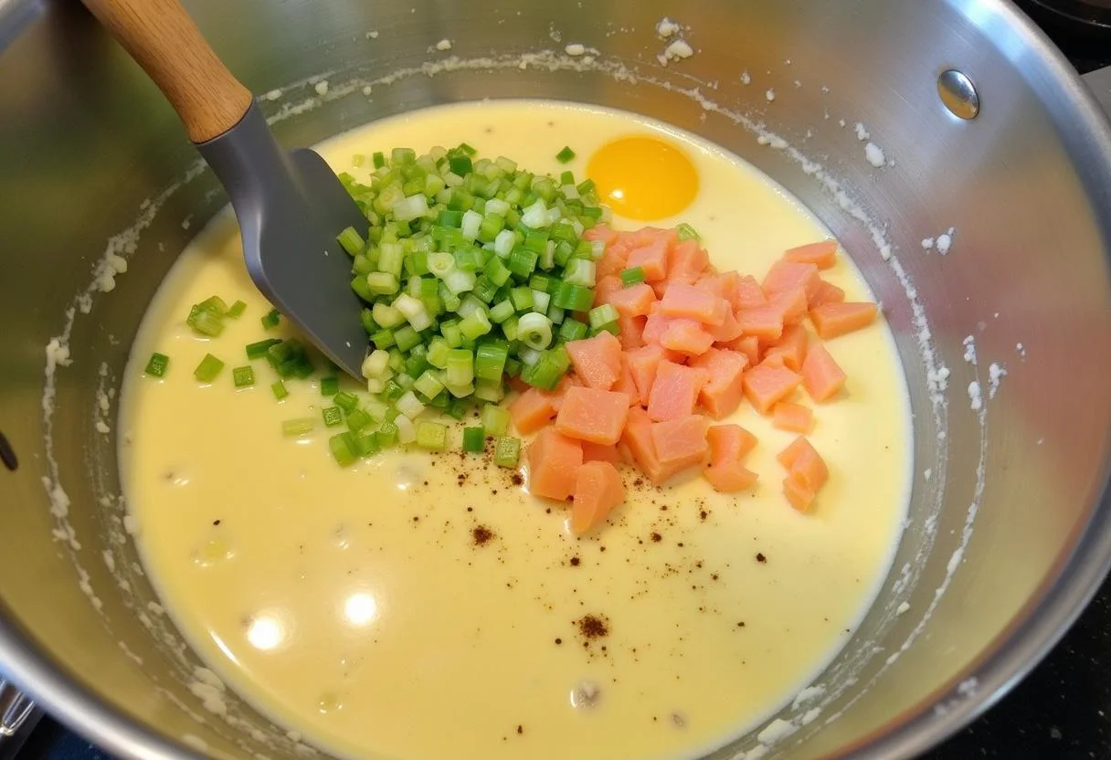 Mélange des ingrédients pour la tarte au saumon fumé, avec des poireaux, saumon fumé et crème dans un bol, dans une cuisine moderne.