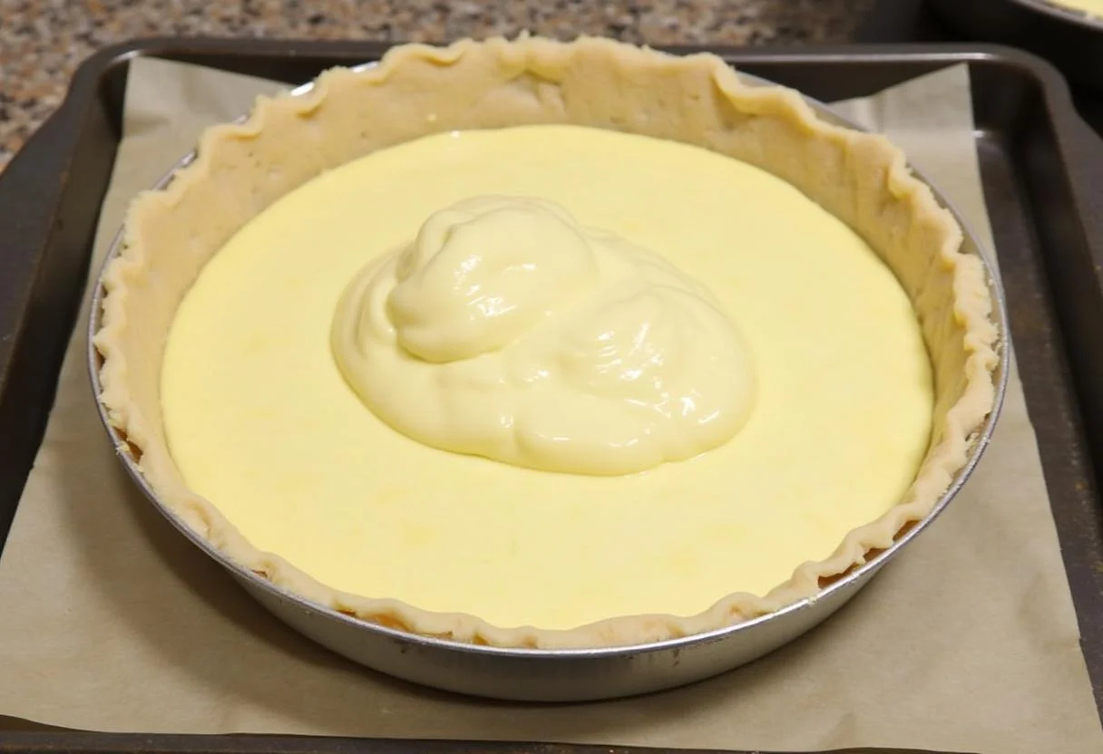 Verser la préparation de la tarte au saumon fumé dans la croûte, montrant le processus avant la cuisson dans un four.