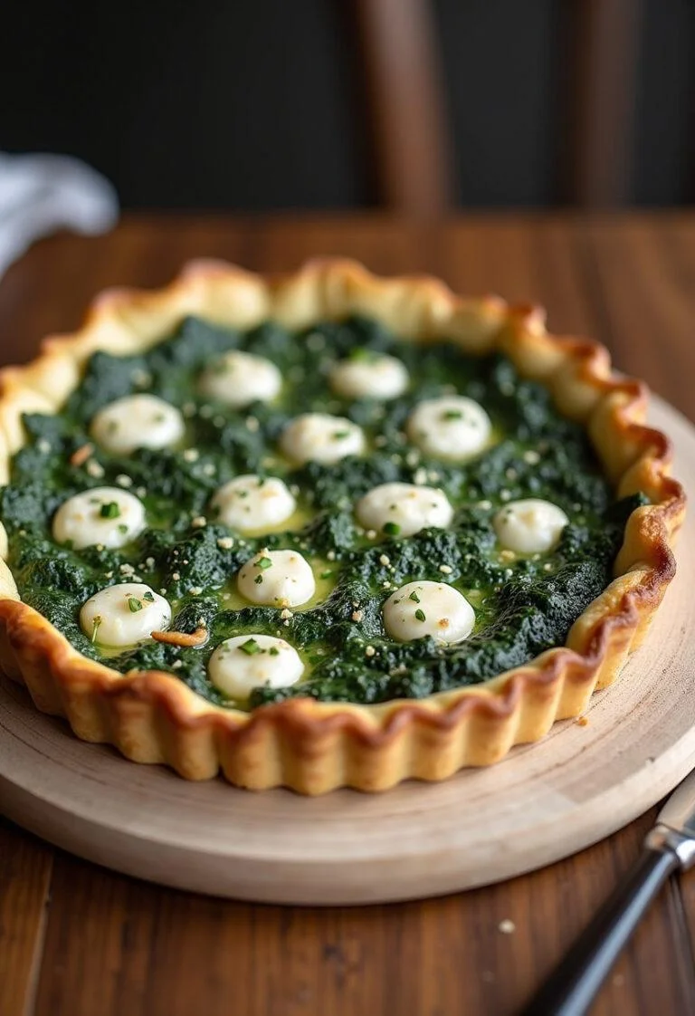 La tarte aux épinards et ricotta crémeuse est présentée sur une table en bois, offrant une vue d'ensemble appétissante et attrayante.