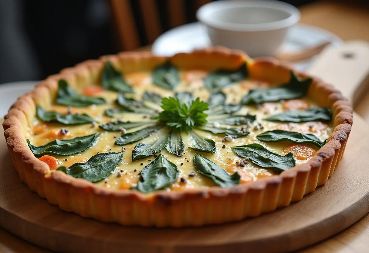La tarte aux épinards et ricotta crémeuse est présentée sur une table en bois, offrant une vue d'ensemble appétissante et attrayante.