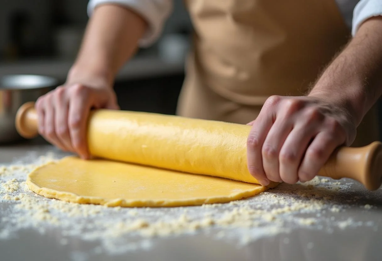 Le chef étale une pâte feuilletée dorée, illustrant la préparation d'une croûte pour la tarte aux épinards et ricotta.