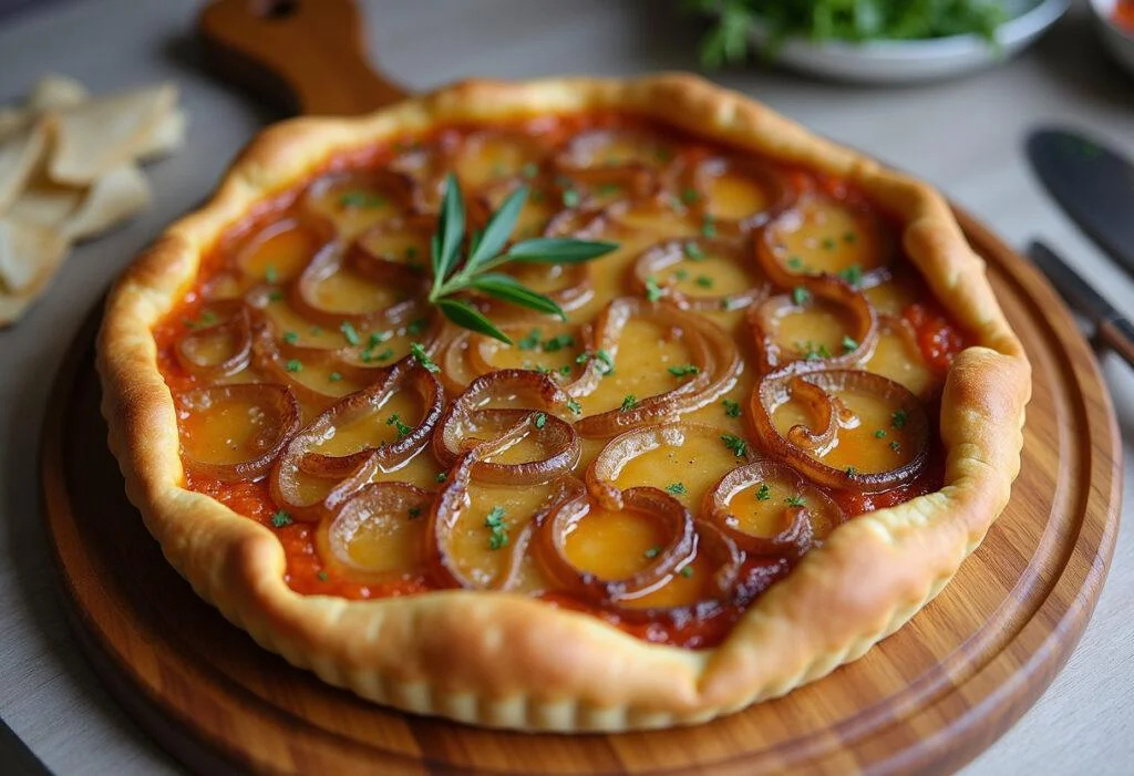 Tarte aux oignons caramélisés sucrée salée présentée avec des herbes fraîches, visuel appétissant et attrayant.
