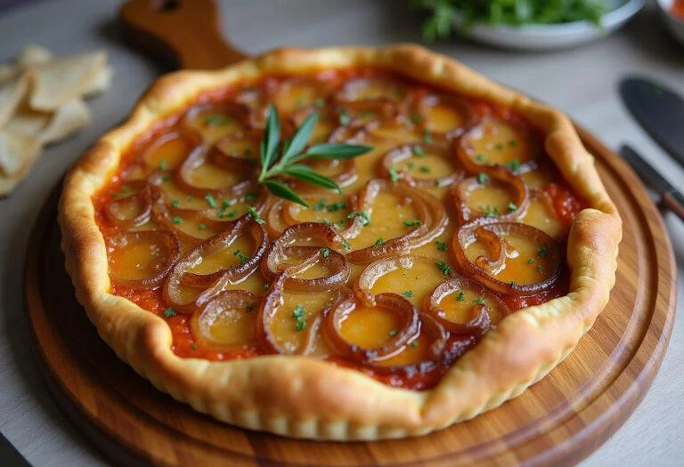 Tarte aux oignons caramélisés sucrée salée présentée avec des herbes fraîches, visuel appétissant et attrayant.
