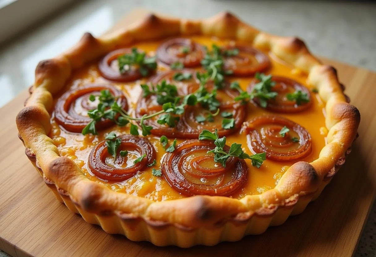Tarte aux oignons caramélisés sucrée salée présentée avec des herbes fraîches, visuel appétissant et attrayant.