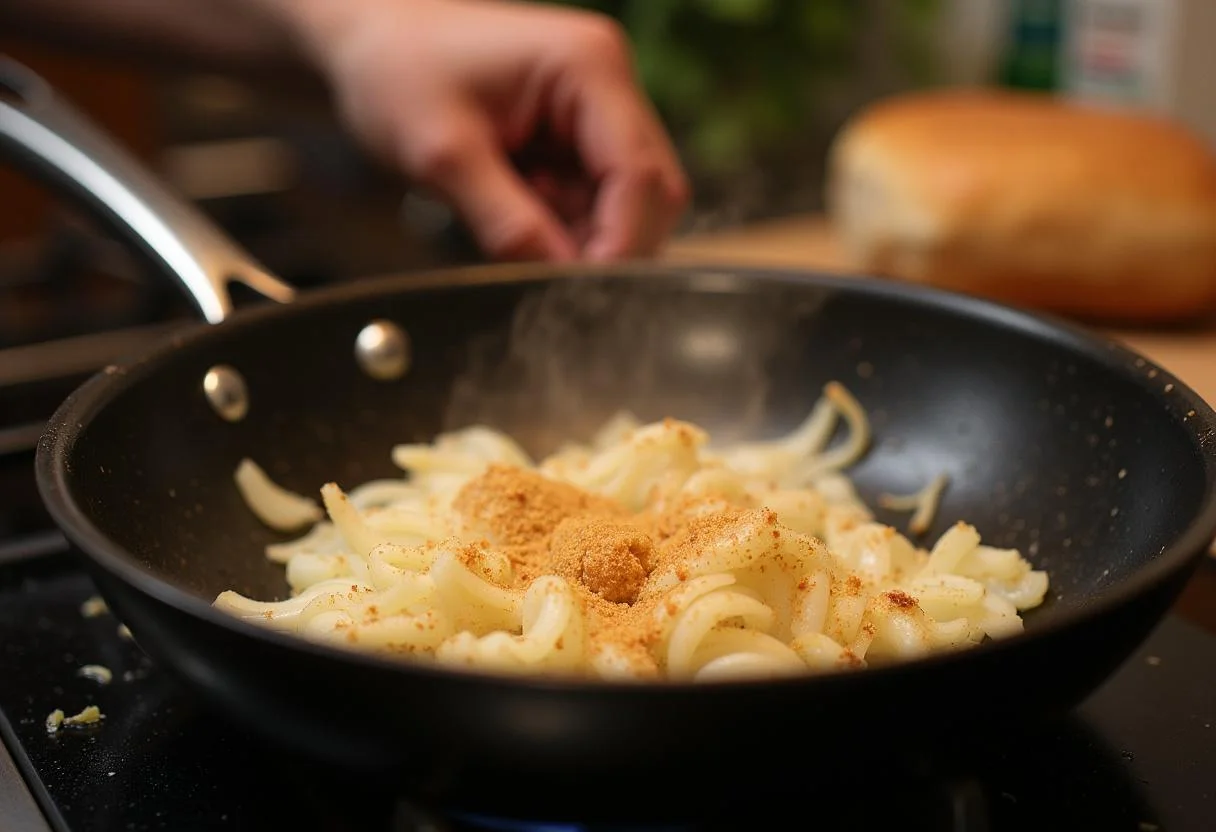 Sautéing des oignons pour la tarte aux oignons caramélisés, mélange parfait de sucré et salé.