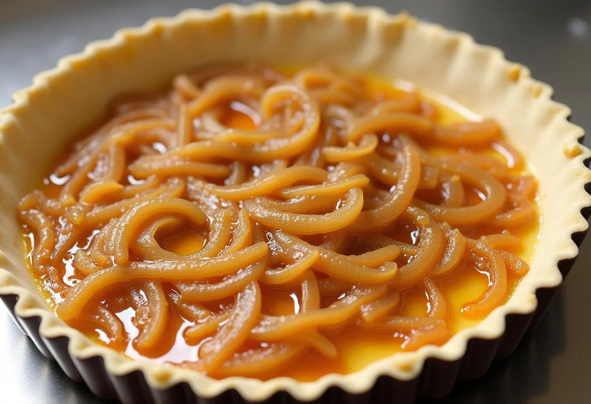 Disposition des oignons caramélisés sur la pâte, préparation pour une tarte aux oignons caramélisés parfaite.
