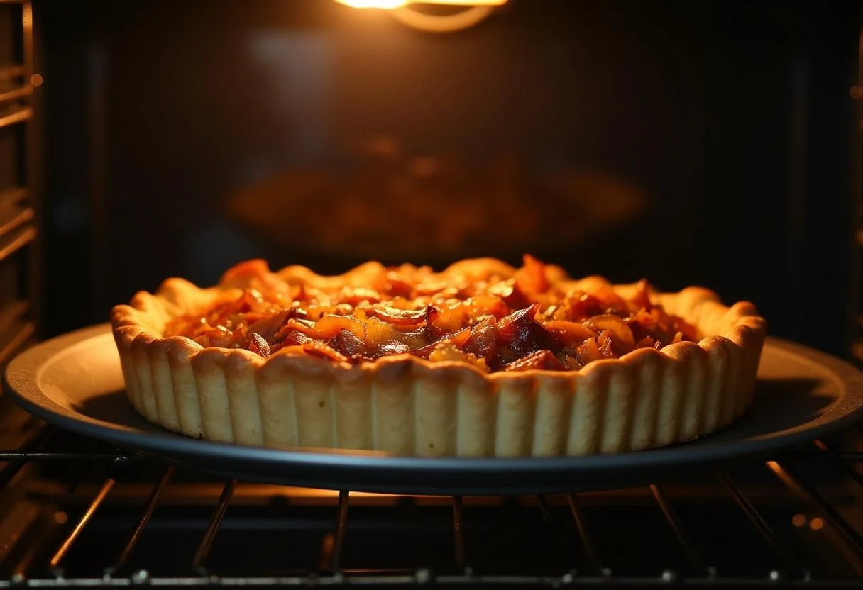 Tarte aux oignons caramélisés en train de cuire au four, promesse de saveurs exquises.