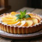 La Tarte aux Pommes et Crème Pâtissière est joliment présentée sur une table en bois rustique, ornée de sucre en poudre et d'une feuille de menthe.