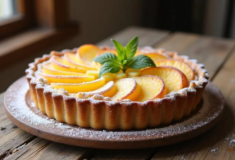 La Tarte aux Pommes et Crème Pâtissière est joliment présentée sur une table en bois rustique, ornée de sucre en poudre et d'une feuille de menthe.