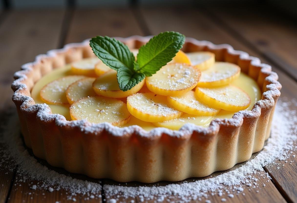La Tarte aux Pommes et Crème Pâtissière est joliment présentée sur une table en bois rustique, ornée de sucre en poudre et d'une feuille de menthe.