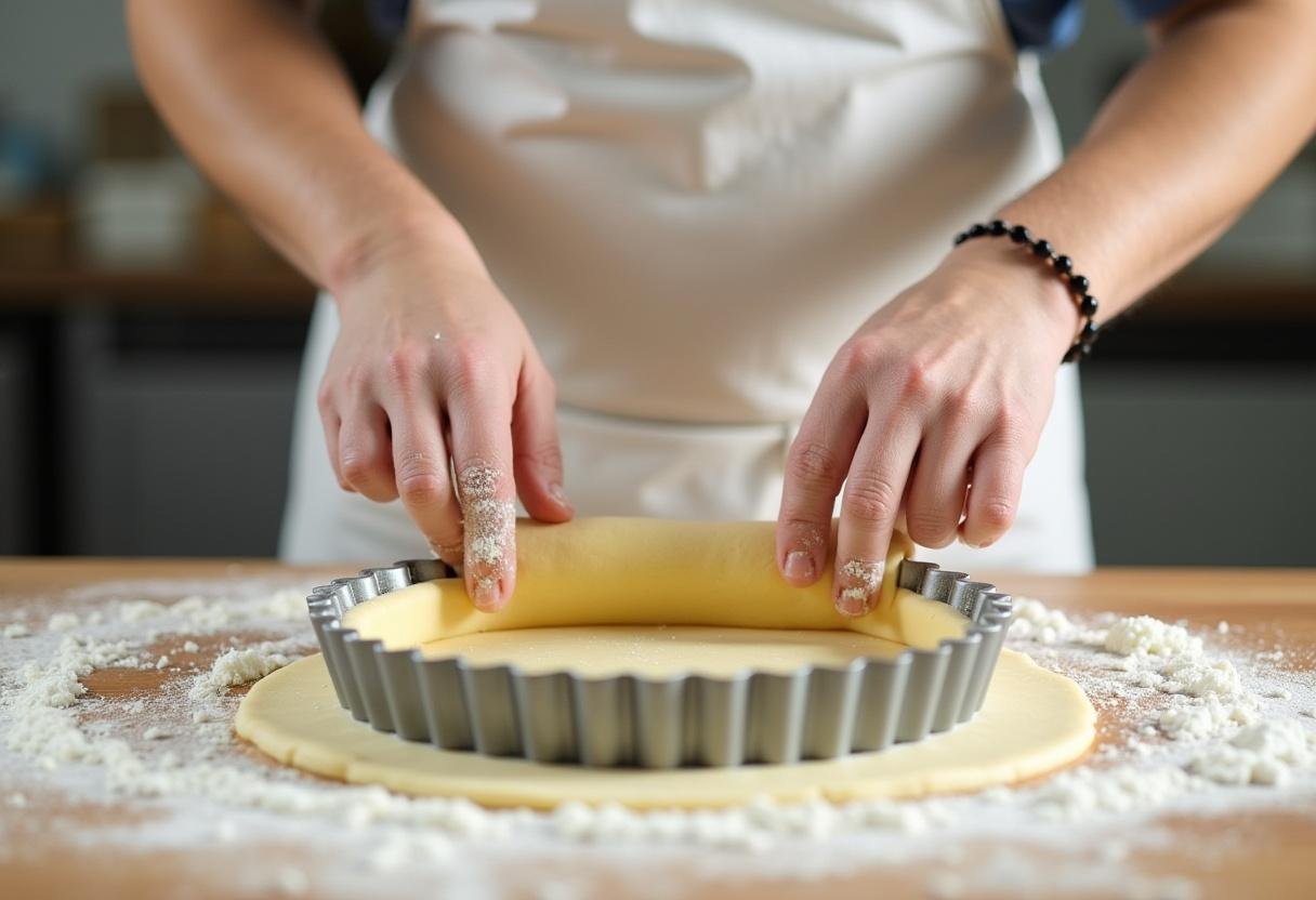 La chef roule la pâte pour la tarte aux pommes et crème, préparant une croûte parfaite dans une cuisine accueillante.
